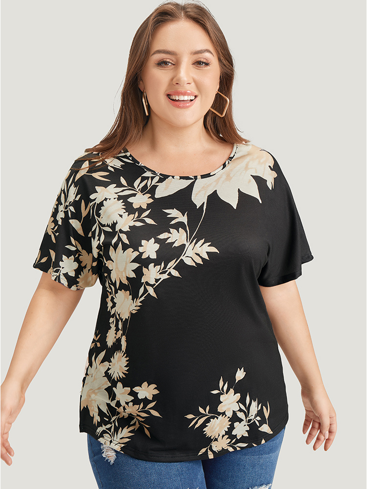 Plus Size Women Going out Floral Dolman Sleeve Short sleeve Round Neck Elegant T-shirts BloomChic 
