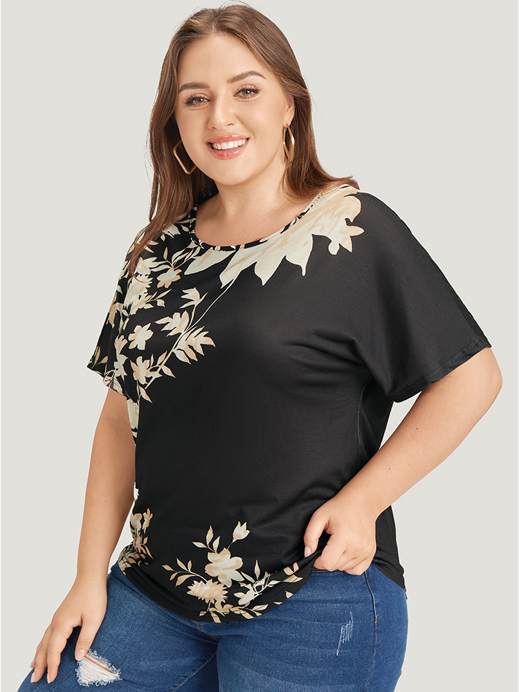 Plus Size Women Going out Floral Dolman Sleeve Short sleeve Round Neck Elegant T-shirts BloomChic 