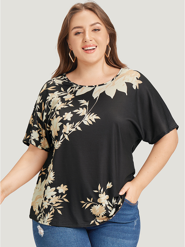 Plus Size Women Going out Floral Dolman Sleeve Short sleeve Round Neck Elegant T-shirts BloomChic 
