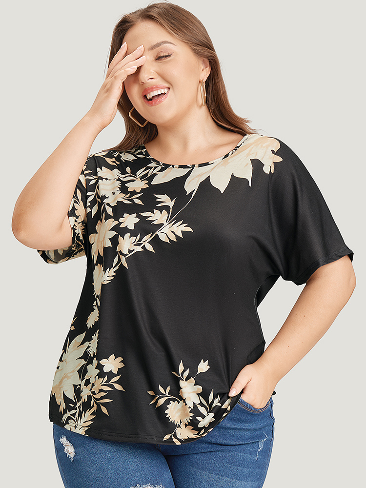 Plus Size Women Going out Floral Dolman Sleeve Short sleeve Round Neck Elegant T-shirts BloomChic 