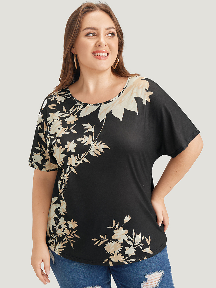 Plus Size Women Going out Floral Dolman Sleeve Short sleeve Round Neck Elegant T-shirts BloomChic 
