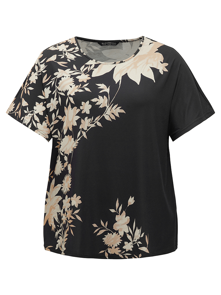 Plus Size Women Going out Floral Dolman Sleeve Short sleeve Round Neck Elegant T-shirts BloomChic 