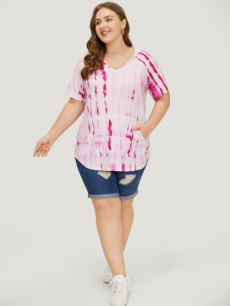 Plus Size Women Dailywear Tie Dye Arc Hem Raglan sleeve Short sleeve Hooded Casual T-shirts BloomChic 