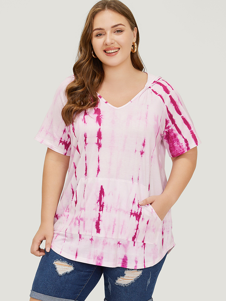 Plus Size Women Dailywear Tie Dye Arc Hem Raglan sleeve Short sleeve Hooded Casual T-shirts BloomChic 