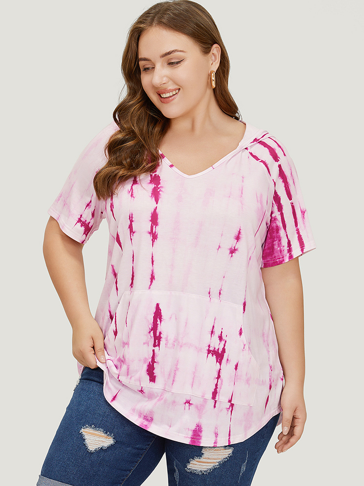 Plus Size Women Dailywear Tie Dye Arc Hem Raglan sleeve Short sleeve Hooded Casual T-shirts BloomChic 