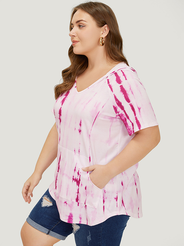 Plus Size Women Dailywear Tie Dye Arc Hem Raglan sleeve Short sleeve Hooded Casual T-shirts BloomChic 