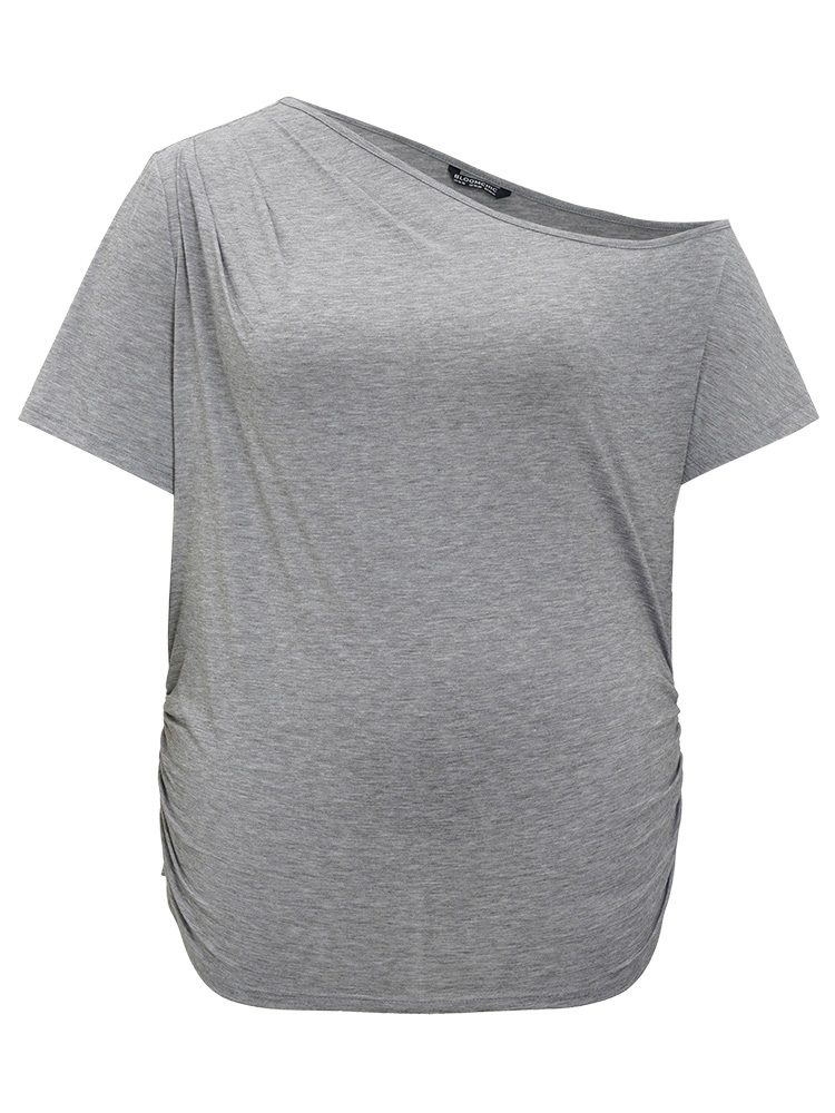 

Plus Size Plain One Shoulder Ruched Hem T-shirt Gray One Shoulder Short sleeve Elegant Jersey Tops