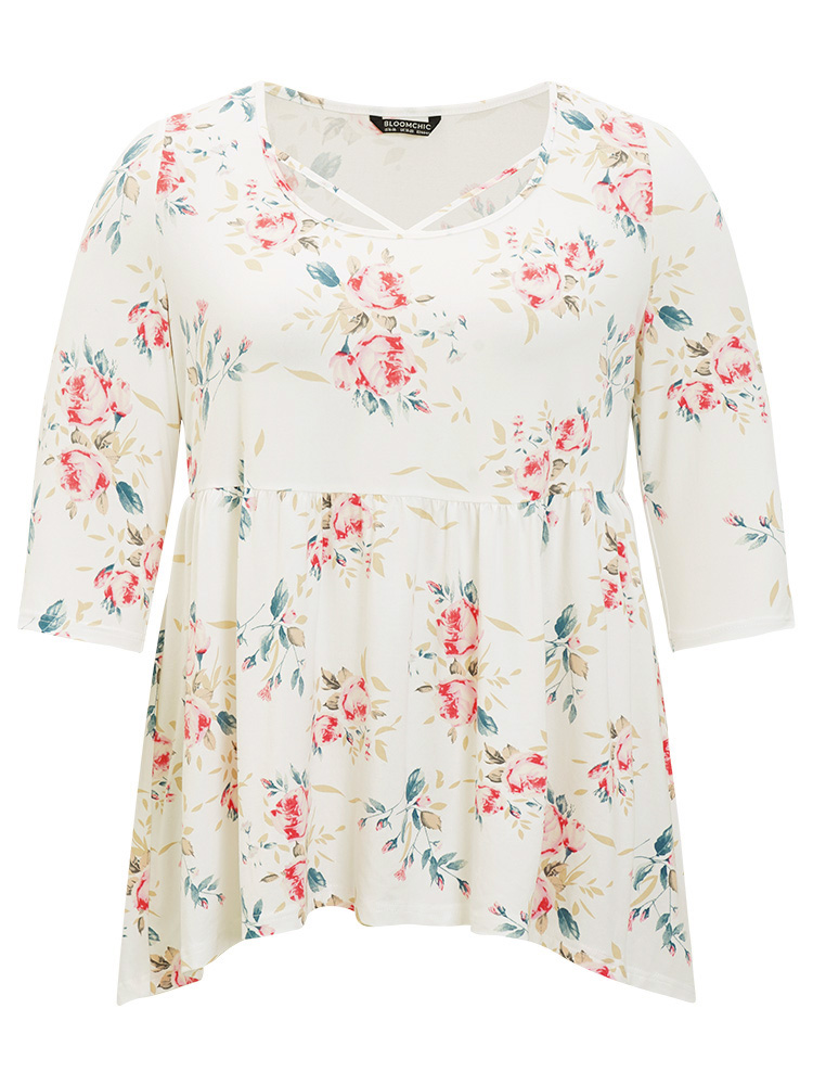 

Plus Size Floral Gathered High low Hem T-shirt White Round Neck Half Sleeve Elegant Jersey Tops