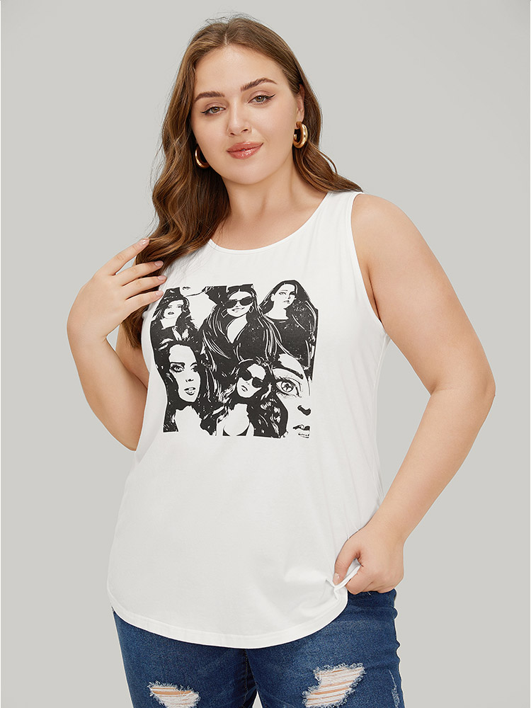 

Plus Size Figure Print Sleeveless Tank Top Women White Casual Round Neck Dailywear Tank Tops Camis BloomChic