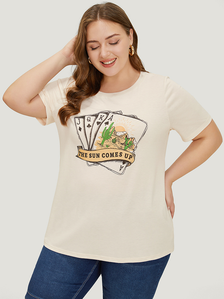 

Plus Size Playing Card & Cactus Print Heather T-shirt Ivory Women Casual Heather Tarot elements Round Neck Dailywear T-shirts BloomChic