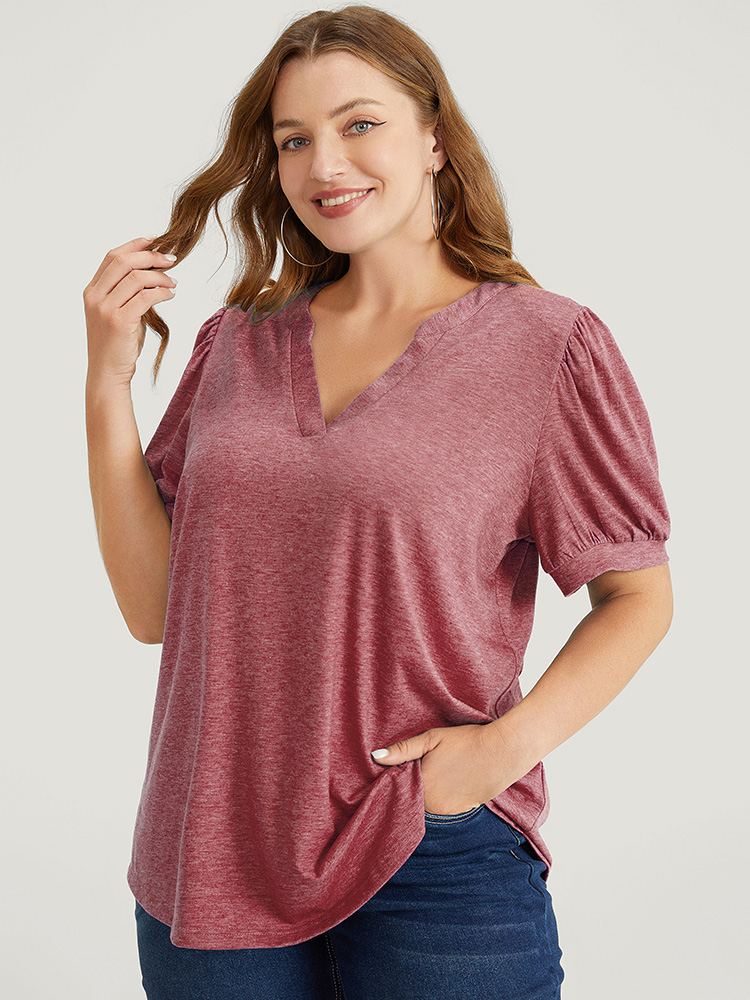 

Plus Size Plain Puff Sleeve V Neck Heather T-shirt Russet V-neck Short sleeve Elegant Jersey Tops