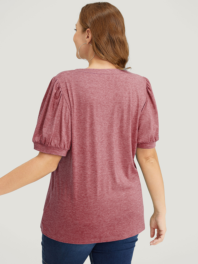 

Plus Size Plain Puff Sleeve V Neck Heather T-shirt Russet V-neck Short sleeve Elegant Jersey Tops