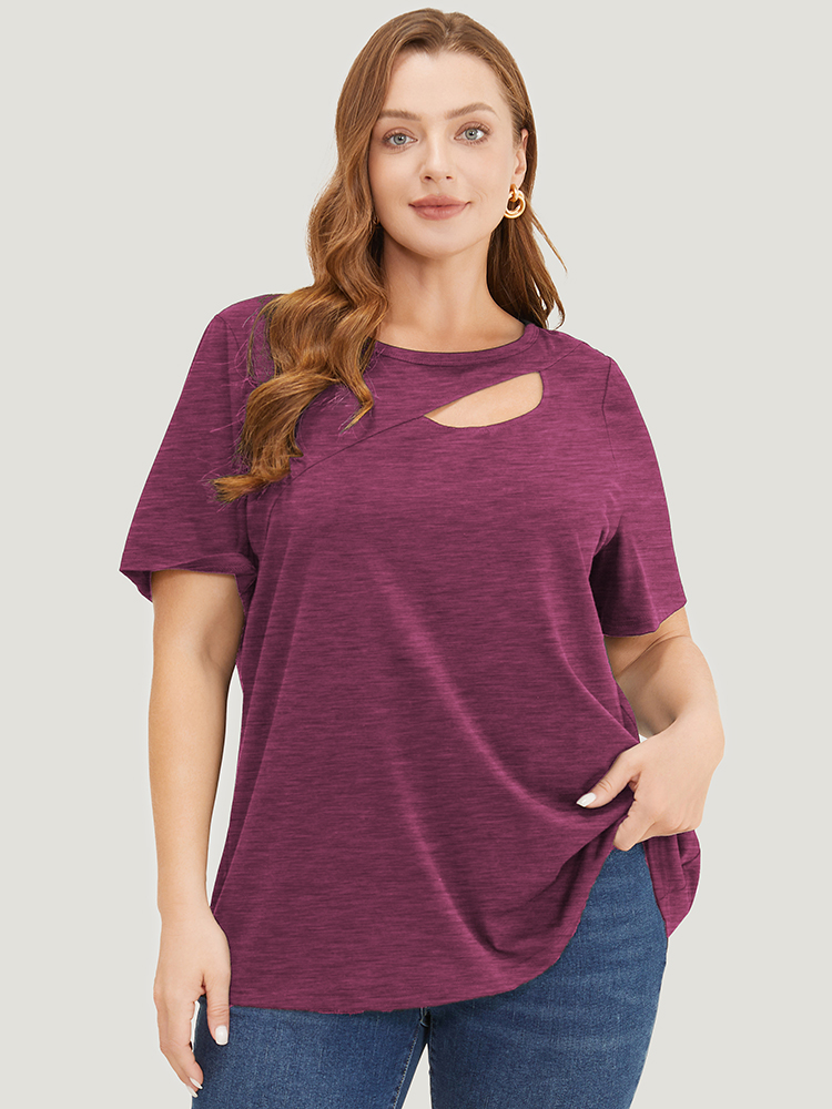 

Plus Size Solid Cut Out Crew Neck T-shirt RedViolet Women Elegant Cut-Out Plain Round Neck Dailywear T-shirts BloomChic