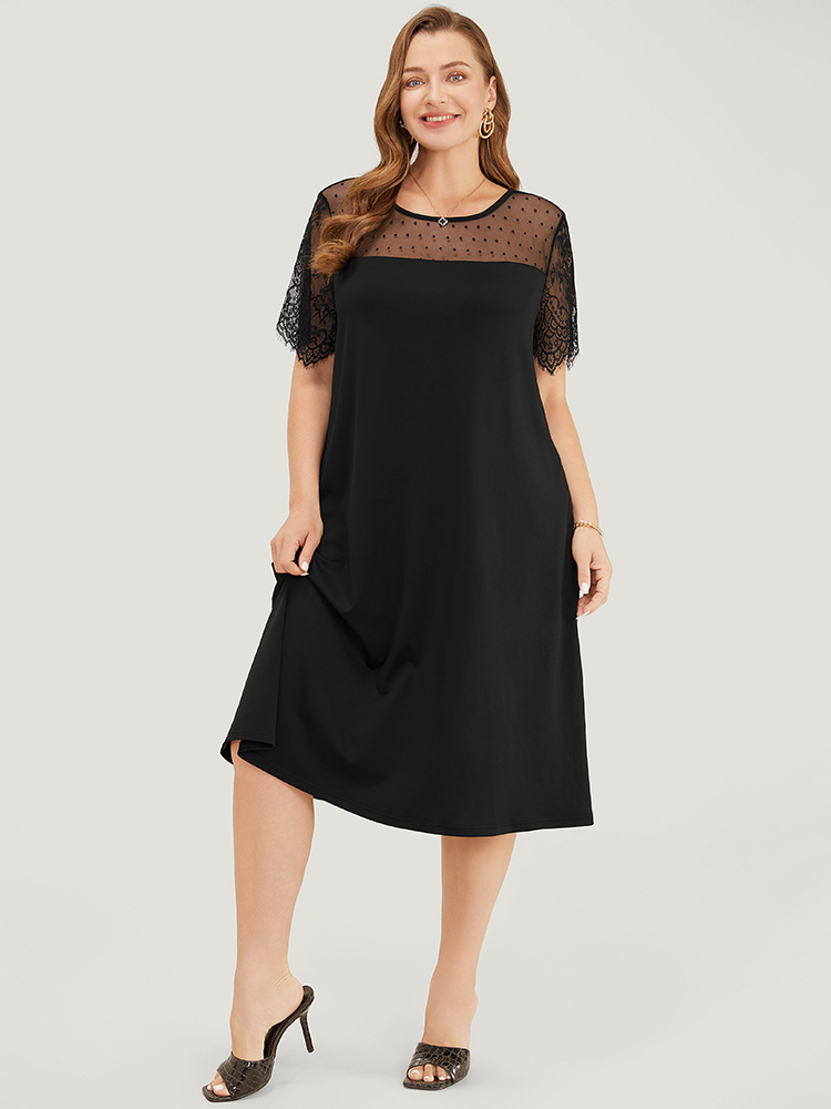 

Plus Size Plain Pocket Lace Mesh Patchwork Dress Black Women Elegant Patchwork Round Neck Short sleeve Curvy Midi Dress BloomChic