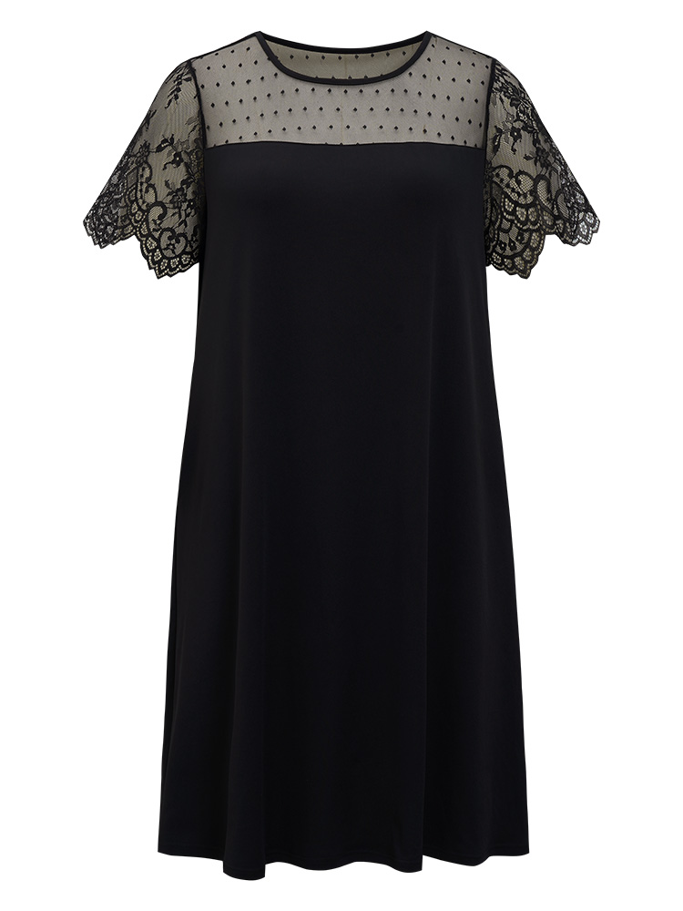 

Plus Size Plain Pocket Lace Mesh Patchwork Dress Black Women Elegant Patchwork Round Neck Short sleeve Curvy Midi Dress BloomChic