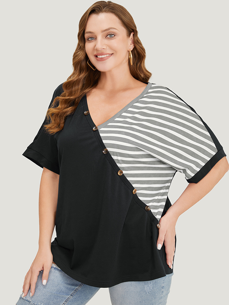 Plus Size Striped Contrast Wrap Batwing Sleeve Patchwork T-shirt Gray Women Casual Wrap Striped V-neck Dailywear T-shirts BloomChic 30/6X 