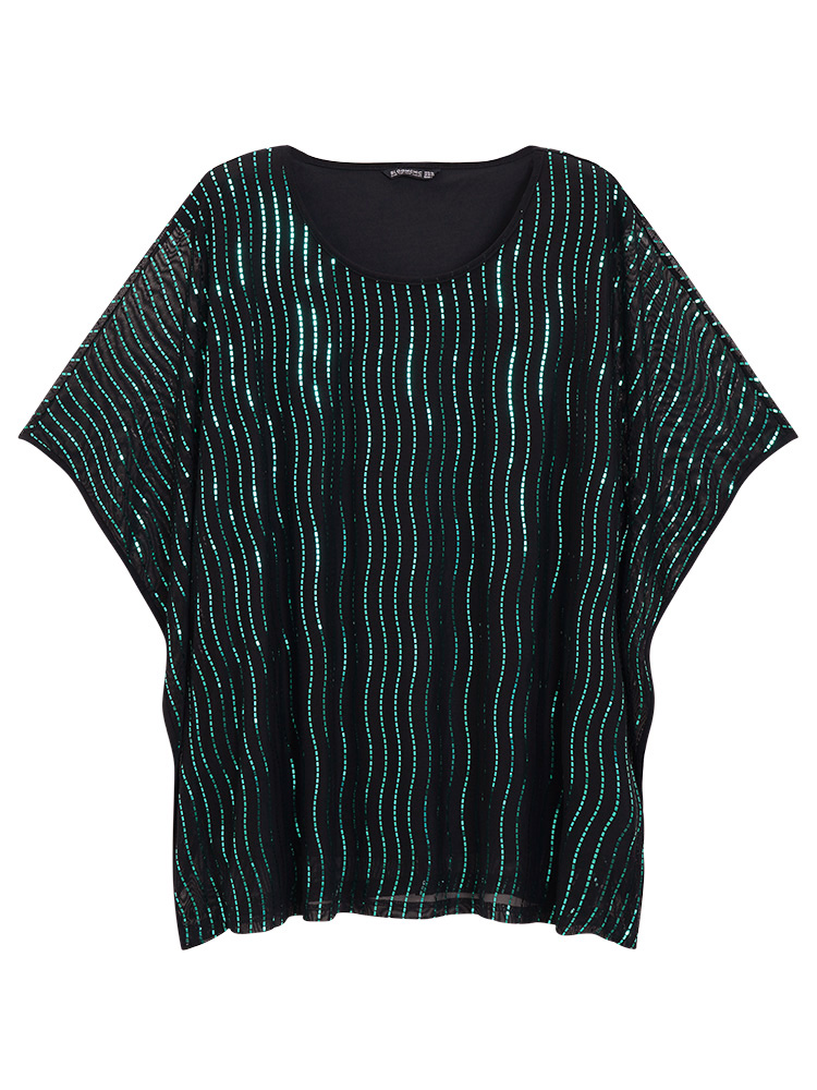 Plus Size Women Going out Striped See through Dolman Sleeve Short sleeve Round Neck Party Blouses BloomChic 