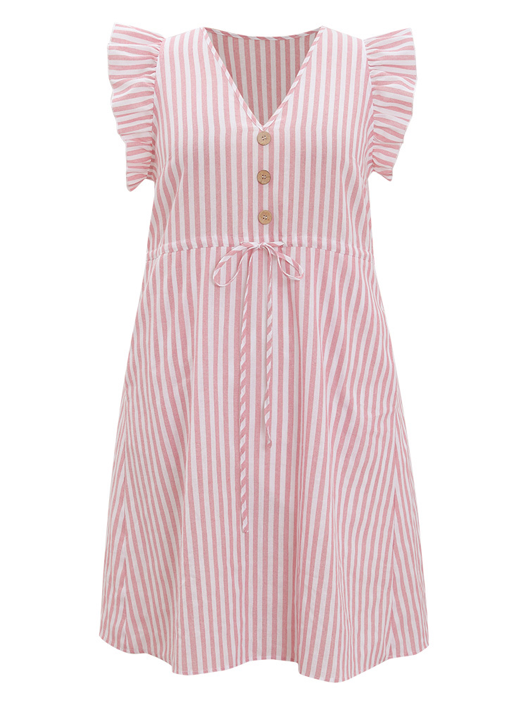 Plus Size Women Dailywear Striped Drawstring Ruffle Sleeve Cap Sleeve V-neck Pocket Belt Vacation Dresses BloomChic 