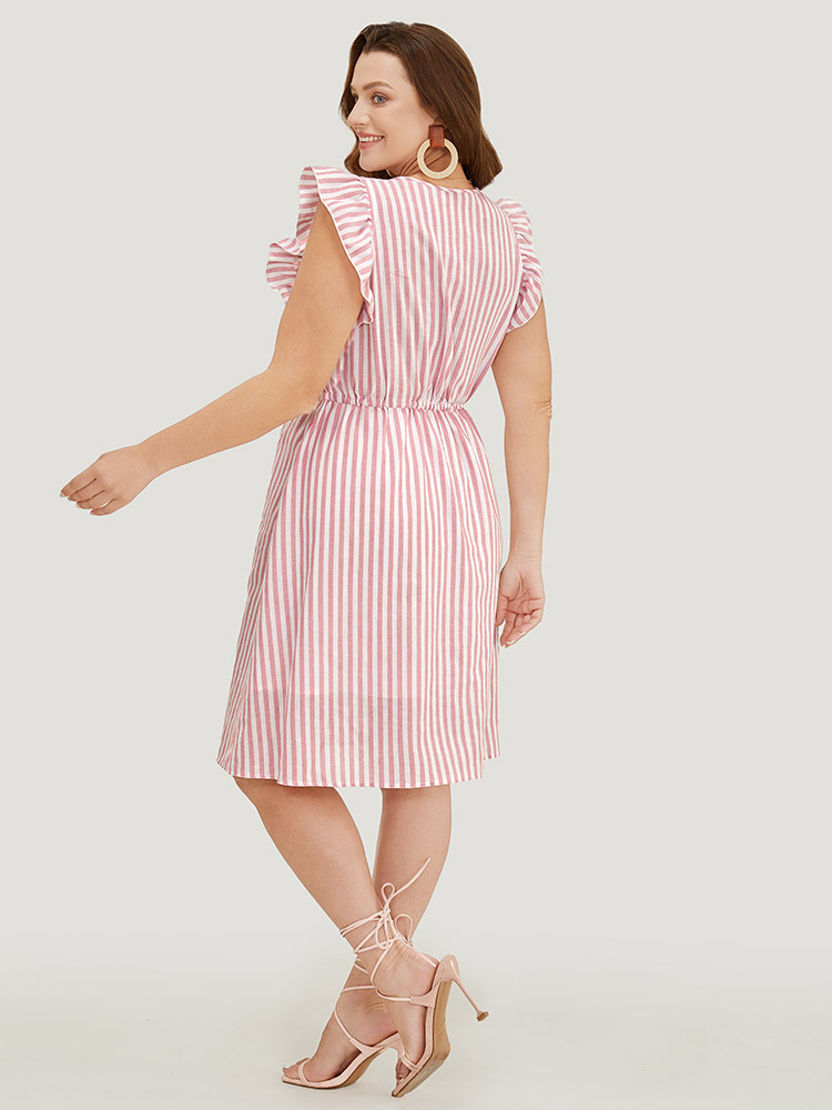 Plus Size Women Dailywear Striped Drawstring Ruffle Sleeve Cap Sleeve V-neck Pocket Belt Vacation Dresses BloomChic 