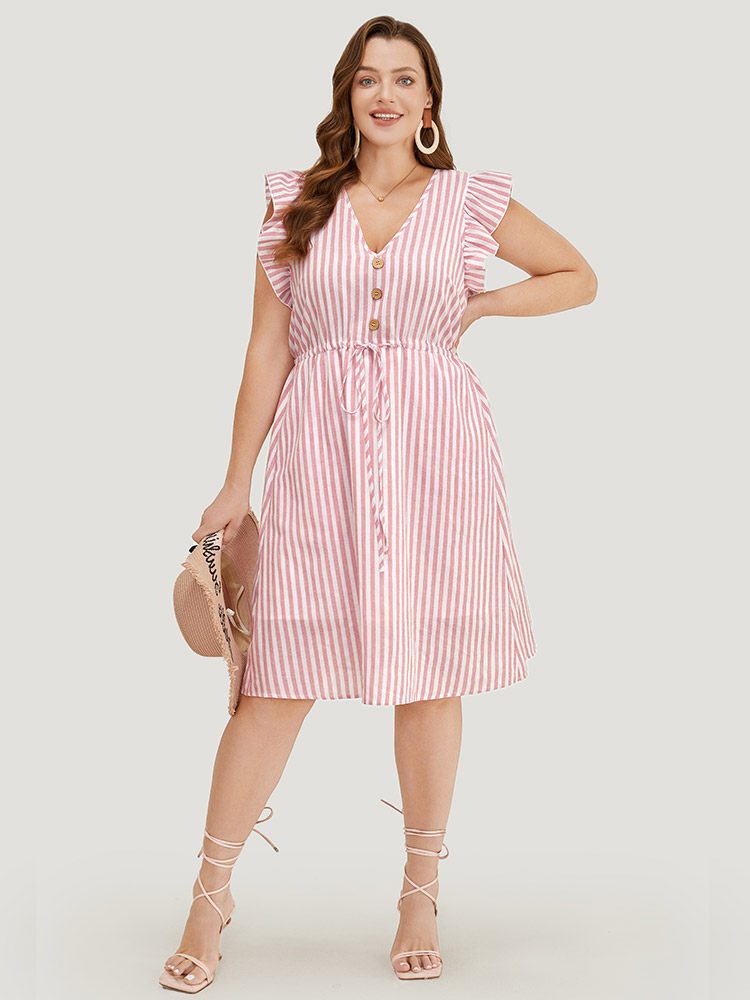 Plus Size Women Dailywear Striped Drawstring Ruffle Sleeve Cap Sleeve V-neck Pocket Belt Vacation Dresses BloomChic 