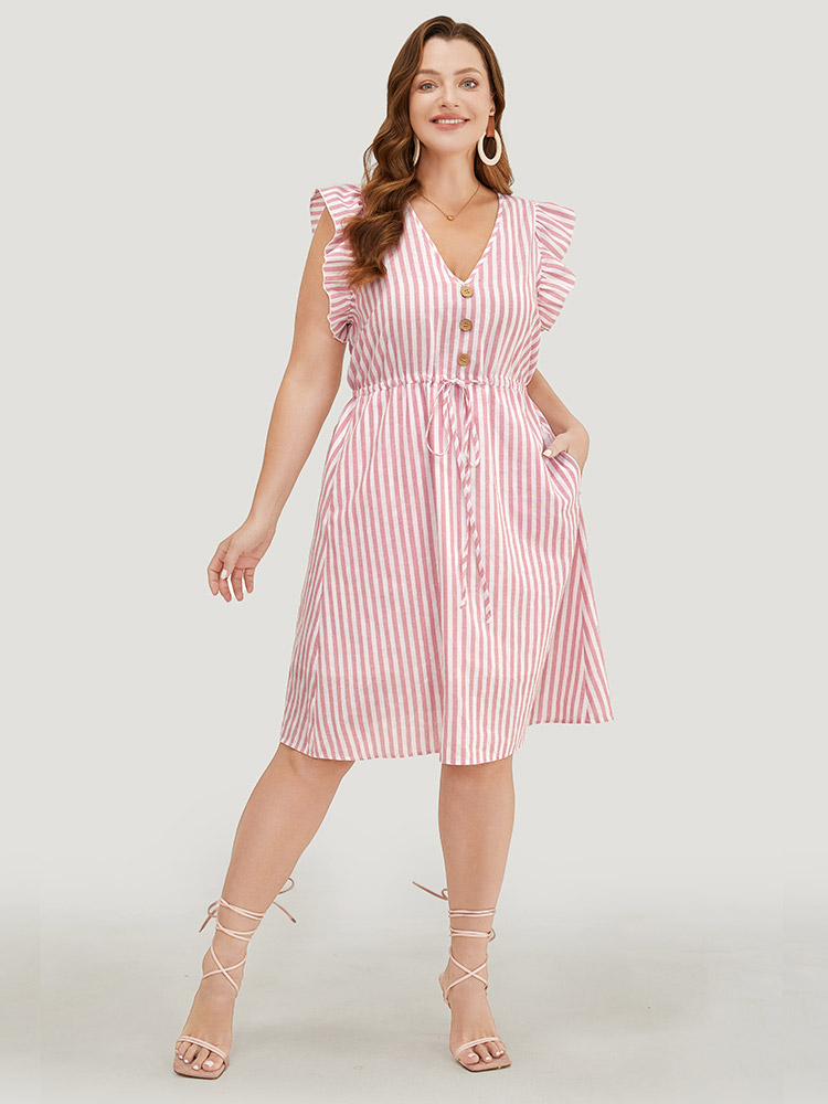 Plus Size Women Dailywear Striped Drawstring Ruffle Sleeve Cap Sleeve V-neck Pocket Belt Vacation Dresses BloomChic 