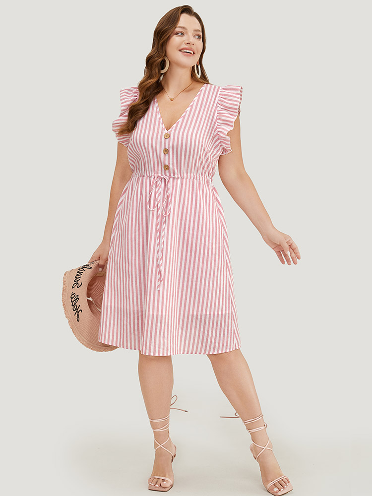 Plus Size Women Dailywear Striped Drawstring Ruffle Sleeve Cap Sleeve V-neck Pocket Belt Vacation Dresses BloomChic 