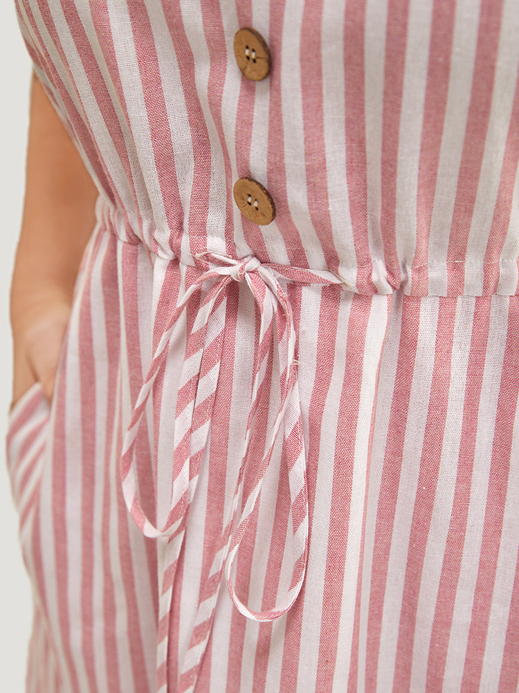 Plus Size Women Dailywear Striped Drawstring Ruffle Sleeve Cap Sleeve V-neck Pocket Belt Vacation Dresses BloomChic 