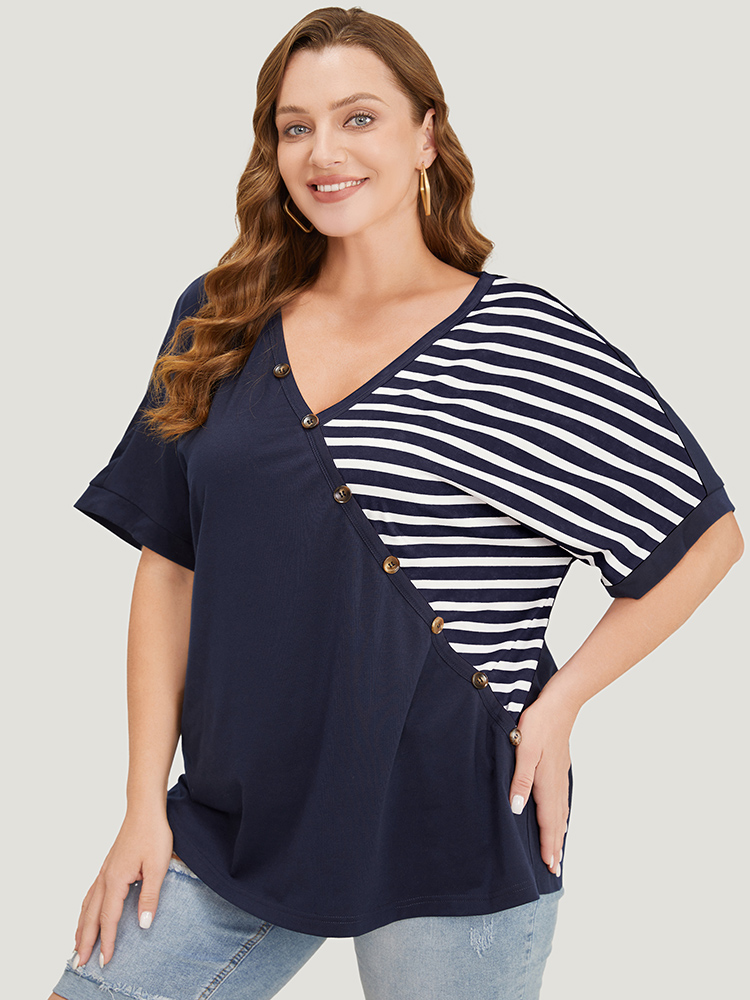 

Plus Size Striped Contrast Wrap Batwing Sleeve Patchwork T-shirt Indigo Women Casual Wrap Striped V-neck Dailywear T-shirts BloomChic