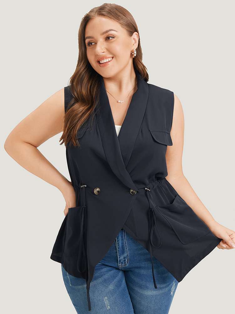 

Plus Size Anti-Wrinkle Plain Pocket Drawstring Lapel Collar Vest DarkBlue Office Cross straps Work Vests  Bloomchic