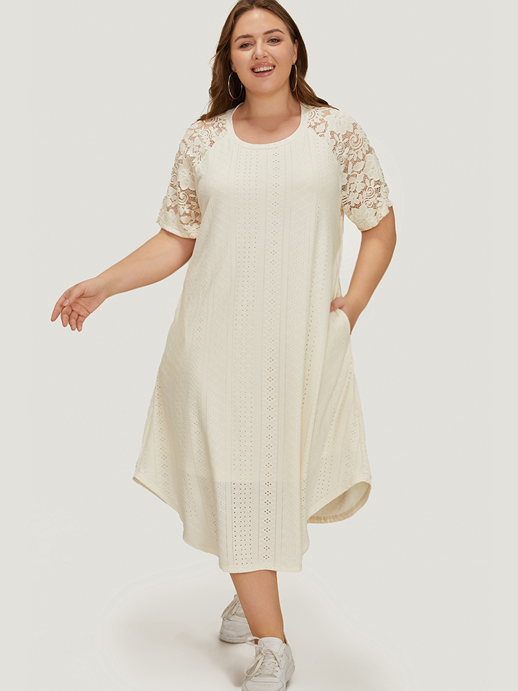 

Plus Size Plain Lace Sleeve Pocket Arc Hem Broderie Anglaise Dress Beige Women Lined Round Neck Short sleeve Curvy Midi Dress BloomChic