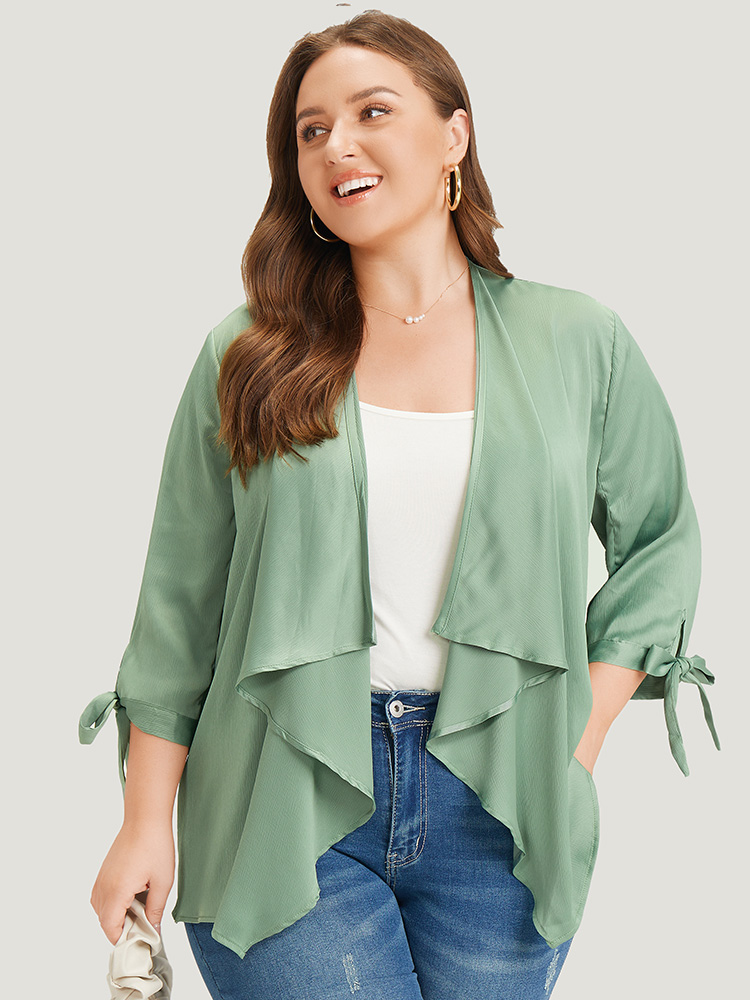 

Plus Size Anti-Wrinkle Solid Open Front Knot Sleeve Waterfall Collar Blazer Women Mint Knotted Work Jackets BloomChic