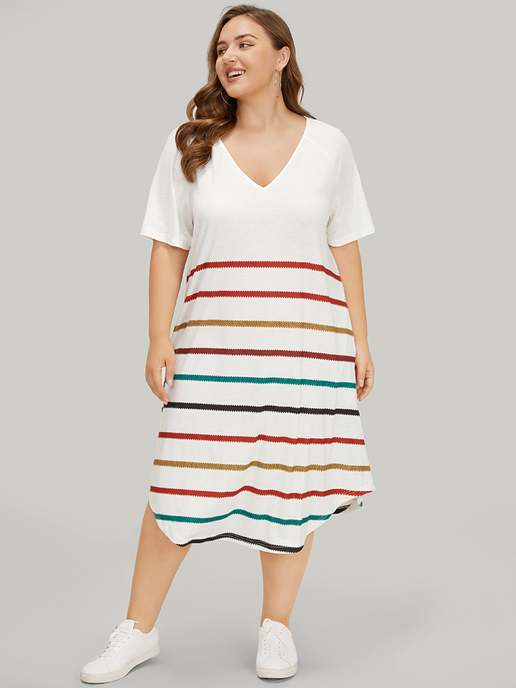 

Plus Size Rainbow Striped Pocket Curved Hem Dress White Women Casual Contrast V-neck Short sleeve Curvy Midi Dress BloomChic