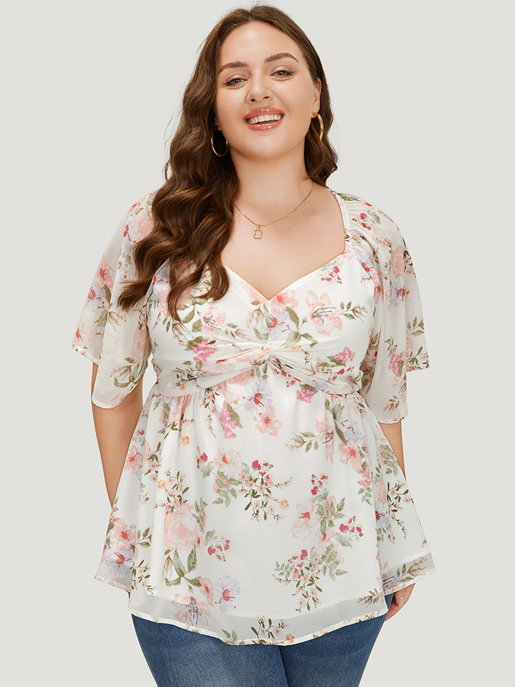 

Plus Size White Floral Print Mesh Twist Front Blouse Women Elegant Half Sleeve V-neck Dailywear Blouses BloomChic