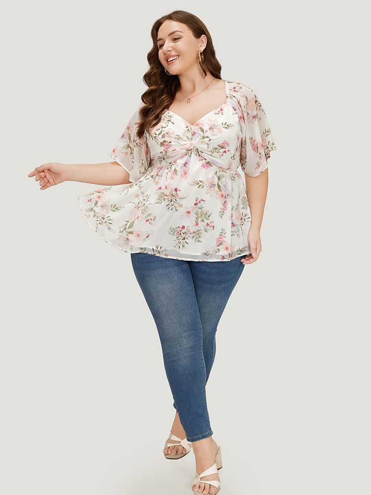 

Plus Size White Floral Print Mesh Twist Front Blouse Women Elegant Half Sleeve V-neck Dailywear Blouses BloomChic