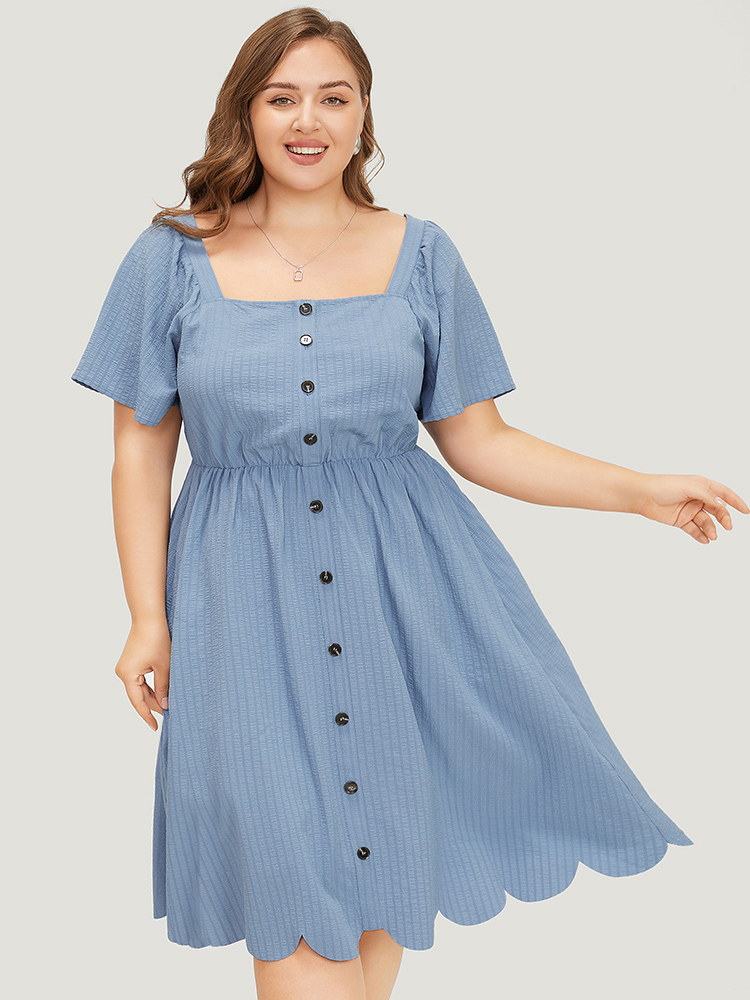 Plus Size Women Work Plain Ruffles Ruffle Sleeve Short sleeve Square Neck Pocket Office Dresses BloomChic 