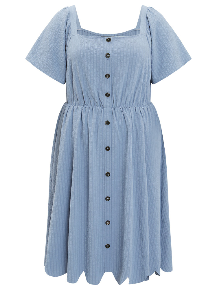Plus Size Women Work Plain Ruffles Ruffle Sleeve Short sleeve Square Neck Pocket Office Dresses BloomChic 