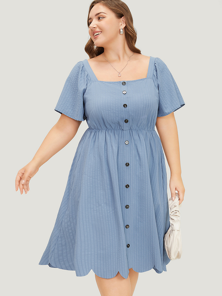 Plus Size Women Work Plain Ruffles Ruffle Sleeve Short sleeve Square Neck Pocket Office Dresses BloomChic 