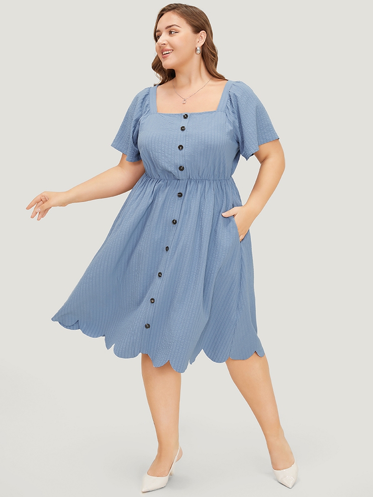 Plus Size Women Work Plain Ruffles Ruffle Sleeve Short sleeve Square Neck Pocket Office Dresses BloomChic 