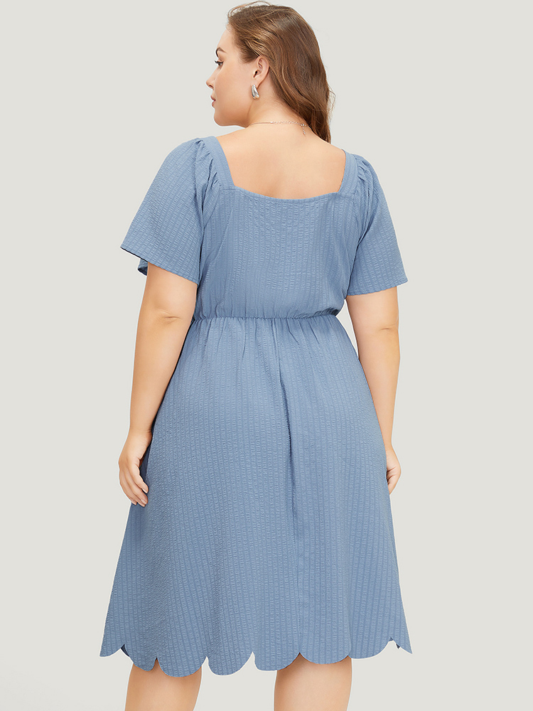 Plus Size Women Work Plain Ruffles Ruffle Sleeve Short sleeve Square Neck Pocket Office Dresses BloomChic 