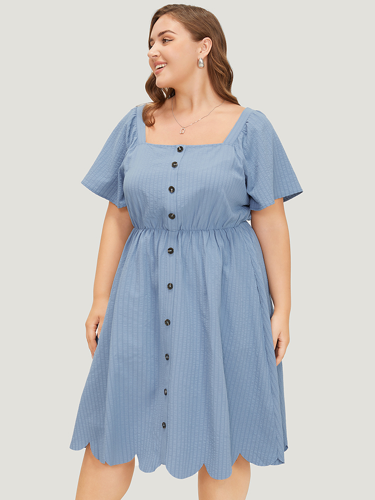 

Plus Size Plain Textured Ruffle Sleeve Pocket Scalloped Trim Dress Stone Women Office Elastic Waist Square Neck Short sleeve Curvy Knee Dress BloomChic