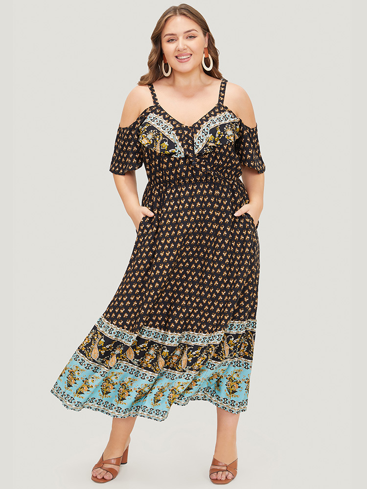 Plus Size Women Dailywear Bohemian Print Adjustable Straps Regular Sleeve Short sleeve V-neck Pocket Vacation Dresses BloomChic 