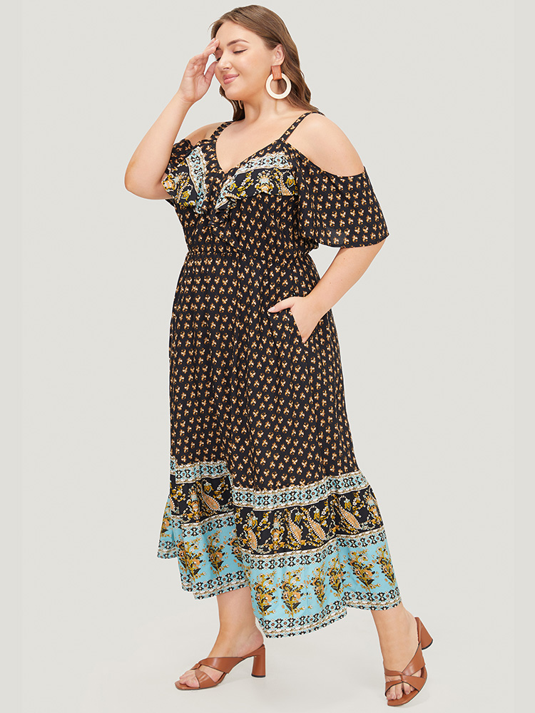 Plus Size Women Dailywear Bohemian Print Adjustable Straps Regular Sleeve Short sleeve V-neck Pocket Vacation Dresses BloomChic 