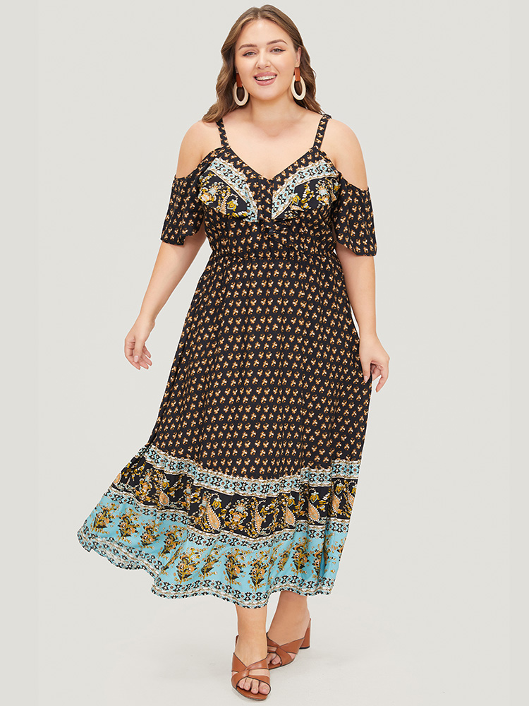 Plus Size Women Dailywear Bohemian Print Adjustable Straps Regular Sleeve Short sleeve V-neck Pocket Vacation Dresses BloomChic 