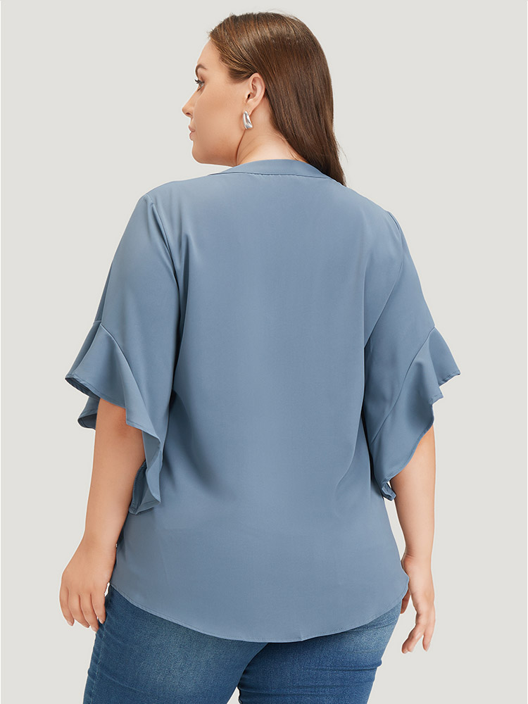 

Plus Size Stone Anti-Wrinkle Plain Notched Flutter Sleeve Button Up Blouse Women Office Short sleeve Notched collar Work Blouses BloomChic