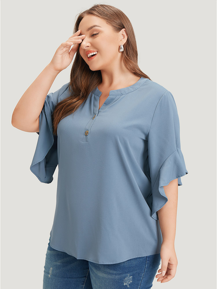 Plus Size Stone Anti-Wrinkle Plain Notched Flutter Sleeve Button Up Blouse Women Office Short sleeve Notched collar Work Blouses BloomChic 28/5X 