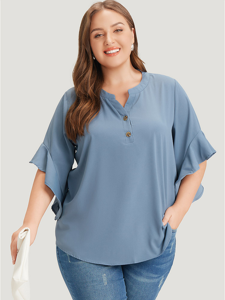 

Plus Size Stone Anti-Wrinkle Plain Notched Flutter Sleeve Button Up Blouse Women Office Short sleeve Notched collar Work Blouses BloomChic