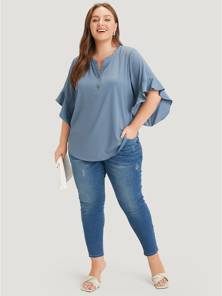 Plus Size Stone Anti-Wrinkle Plain Notched Flutter Sleeve Button Up Blouse Women Office Short sleeve Notched collar Work Blouses BloomChic 28/5X 