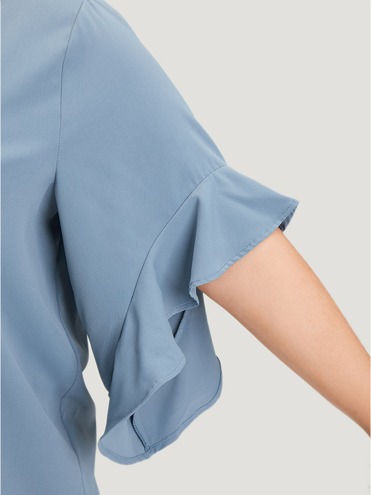 Plus Size Stone Anti-Wrinkle Plain Notched Flutter Sleeve Button Up Blouse Women Office Short sleeve Notched collar Work Blouses BloomChic 28/5X 