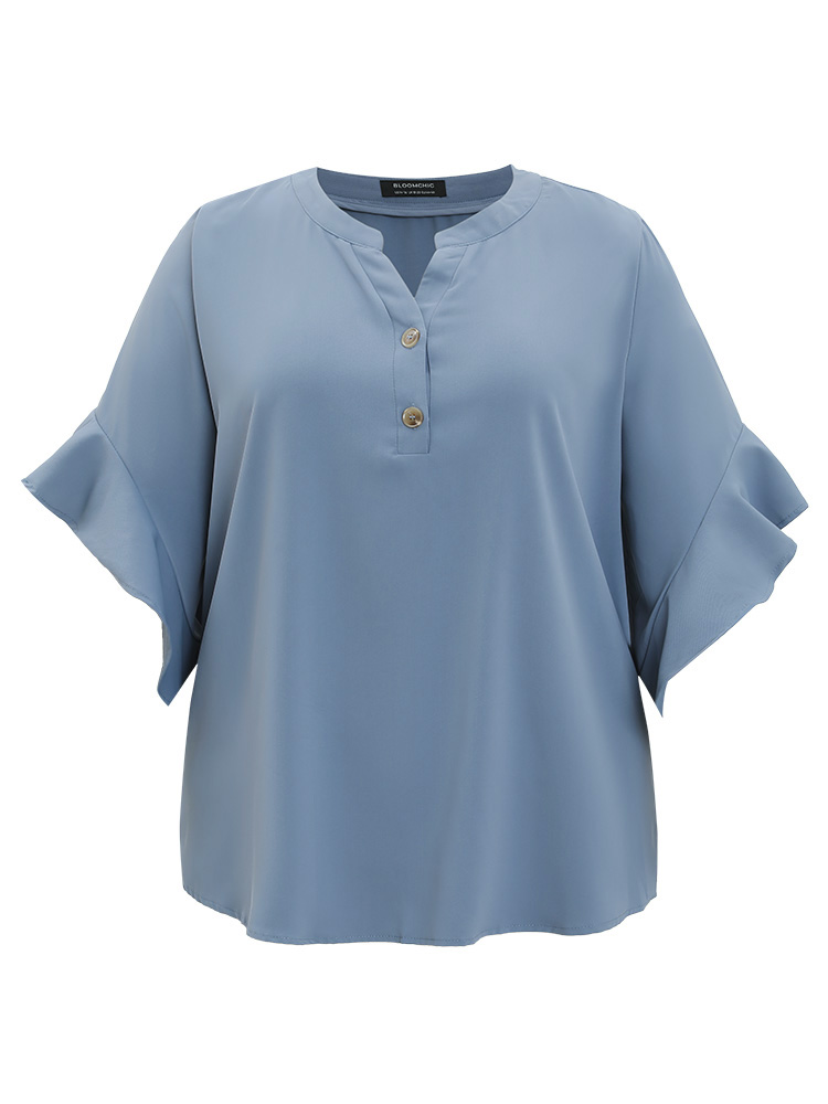 Plus Size Stone Anti-Wrinkle Plain Notched Flutter Sleeve Button Up Blouse Women Office Short sleeve Notched collar Work Blouses BloomChic 28/5X 