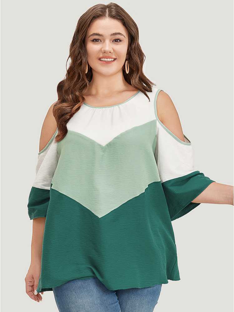 

Plus Size Mint Color Block Contrast Trim Cold Shoulder Blouse Women Vacation Elbow-length sleeve Cold Shoulder Dailywear Blouses BloomChic